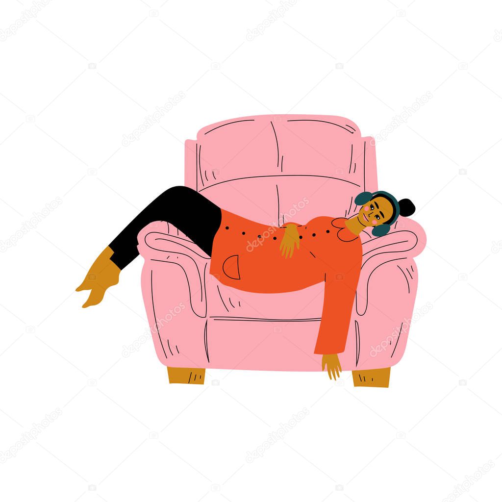 Girl Lying in Armchair and Listening to Music in Headphones, Young Woman Spending Weekend at Home and Relaxing Vector Illustration