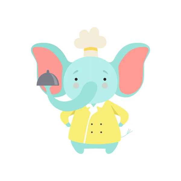 Carino elefante in uniforme chef in possesso di piatto d'argento, personaggio animale dei cartoni animati cottura vettore Illustrazione su sfondo bianco — Vettoriale Stock