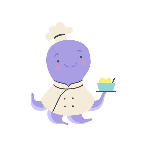 Schattige Octopus in chef uniform bedrijf heerlijke schotel, cartoon dier karakter koken vector illustratie op een witte achtergrond — Stockvector