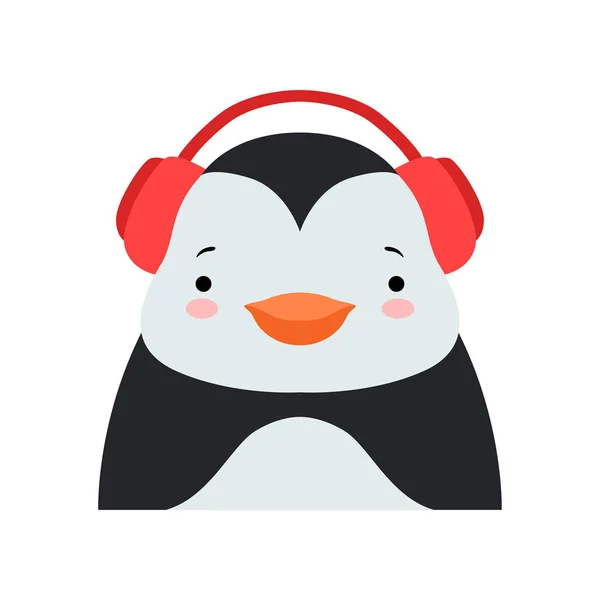 Funny penguin in headphones, cute cartoon animal character avatar vector Illustration on a white background — Stock Vector