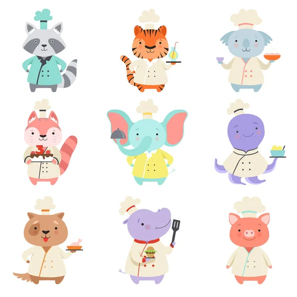 Animales lindos en juego de uniforme de chef, personajes de mascotas de dibujos animados cocinar deliciosos platos vector Ilustración sobre un fondo blanco — Archivo Imágenes Vectoriales