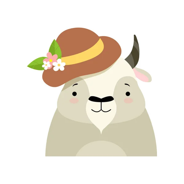 Stier in een hoed met bloemen, schattige cartoon dier karakter avatar vector illustratie op een witte achtergrond — Stockvector