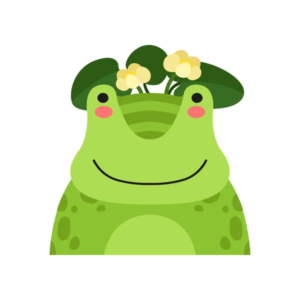 Śmieszne żaba w wieniec z kwiatów lotosu, cute kreskówka charakter wektor zwierzę ilustracja na białym tle — Wektor stockowy