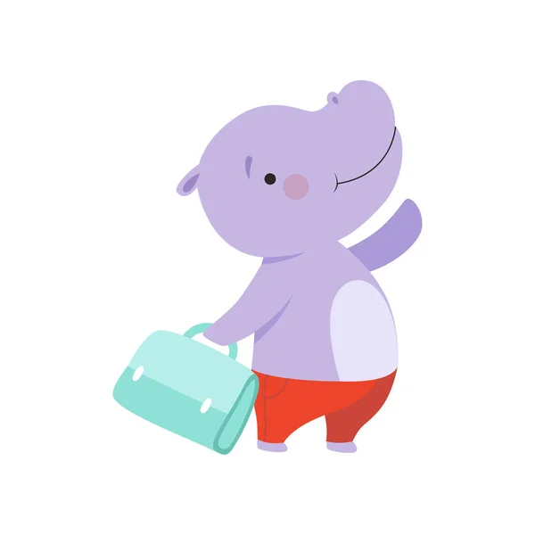 Vrolijke toeristische Hippo met tas, schattige dieren cartoon karakter reizen op zomervakantie vector illustratie op een witte achtergrond — Stockvector