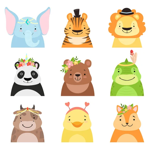 Funny animals wearing different hats set, elephant, tiger, lion, panda, bear, dinosaur, cow, cute cartoon animal avatars vector Illustration on a white background — Stock Vector