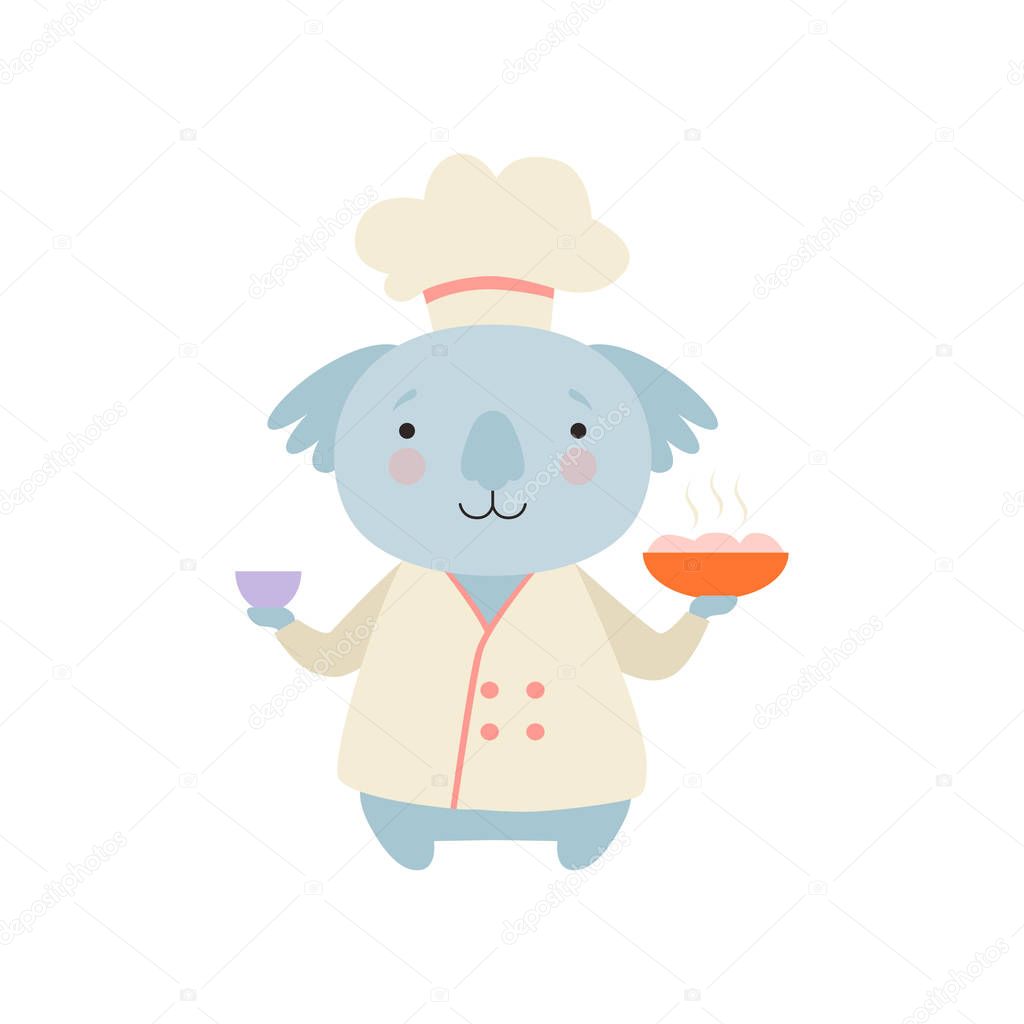 Cute koala bear in chef uniform holding delicious dish, cartoon animal character cooking vector Illustration on a white background