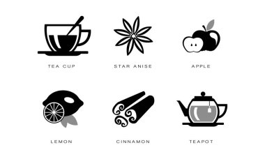 Çay simgeleri seti, çay bardağı, Yıldız anason, elma, limon, tarçın, Çaydanlık vektör beyaz bir arka planda Illustration