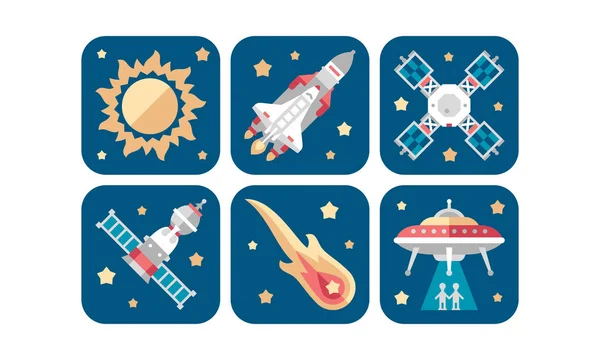 Iconos espaciales, sol, meteorito, cohete. satélite, ufo vector Ilustración — Vector de stock