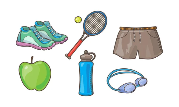 Fitness Sportovní ikony, tenisové rakety, koule, tenisky, šortky, jablko, láhev vody, vektorová ilustrace na bílém pozadí — Stockový vektor