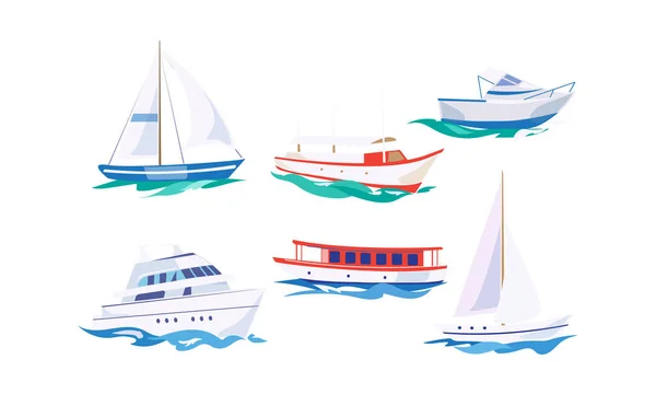 Wassertransport-Set, Yacht, Motorboot, Dampfschiff, Fischerboot, Kreuzfahrtschiff Vektor-Illustration auf weißem Hintergrund — Stockvektor