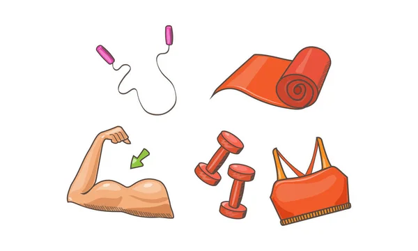 Fitness sport icons set, biceps, jump rope, mat, dumbbell, sports bra vector Illustration on a white background — Stock Vector