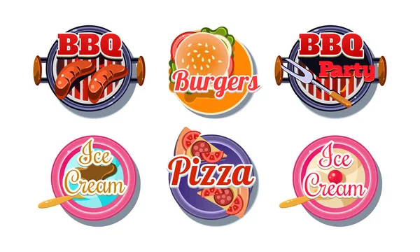 Fast food logo set, pizza, barbecue, burger, ice cream badges vector Illustration on a white background — Stock Vector