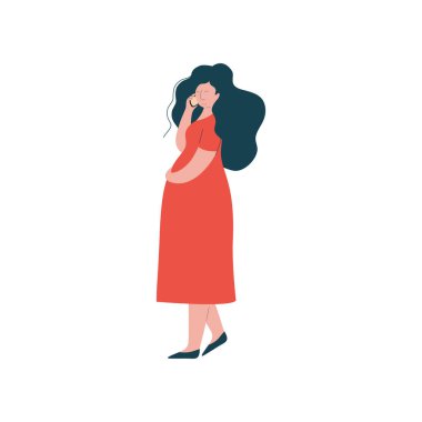 Kırmızı elbise telefonda konuşan çekici esmer hamile kadın, mutlu gebelik, Anne sağlık vektör Illustration
