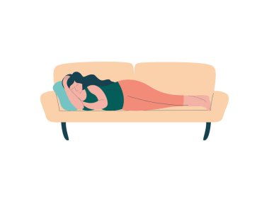 Çekici esmer hamile kadın kanepede Sleeping, mutlu gebelik, Anne sağlık vektör Illustration