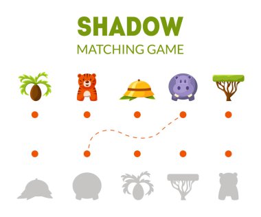 Afrika Safari Işaretler ve hayvanlar, çocuklar için eğitim oyunu vektör Illustration ile gölge eşleştirme oyunu