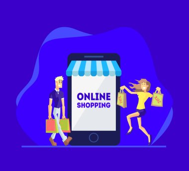 Alışveriş online, Insanlar telefon kullanarak alışveriş, mutlu genç adam ve kadın alışveriş çantaları, Internet alışveriş ve teslim vektör Illustration
