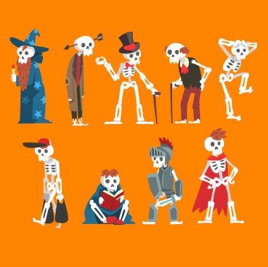 İnsan Iskeletleri set, farklı durumlarda komik ölü adam karikatür karakterler vektör Illustration