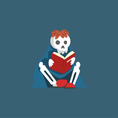Skeleton Sitting on Floor and Reading Book, Dead Man Cartoon Character Vector Illustration clipart