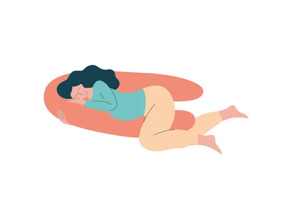 Attraente donna incinta bruna che dorme con cuscino speciale, gravidanza felice, illustrazione vettoriale dell'assistenza sanitaria materna — Vettoriale Stock
