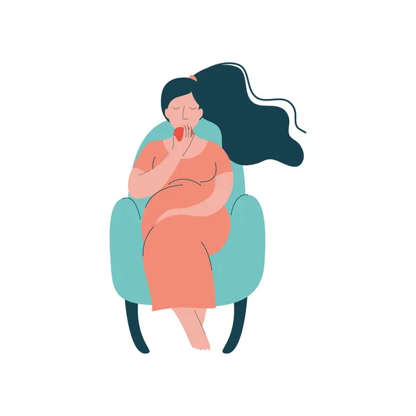Attraente donna incinta bruna in poltrona e mangiare mela, gravidanza felice, illustrazione vettoriale dell'assistenza sanitaria materna — Vettoriale Stock
