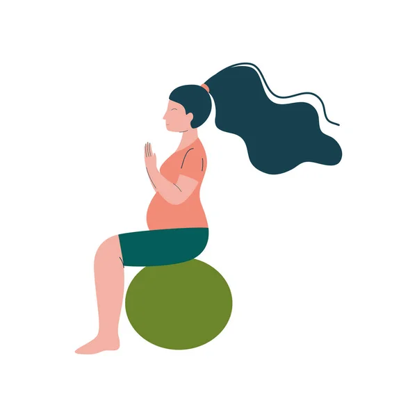 Atractiva morena embarazada haciendo ejercicio físico con Fitball, embarazo feliz, cuidado de la salud materna Vector ilustración — Vector de stock