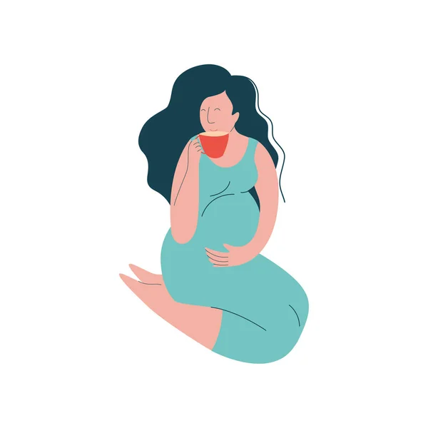 Attractive Brunette Pregnant Woman Sitting on Floor and Drinking Tea, Happy Pregnancy, Maternal Health Care Vector Illustration — Stock Vector