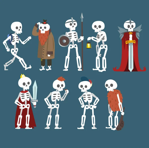 Human Skeletons Set, Funny Dead Man Zombie Cartoon Character in Different Poses and Situations Vector Illustration — Stock Vector