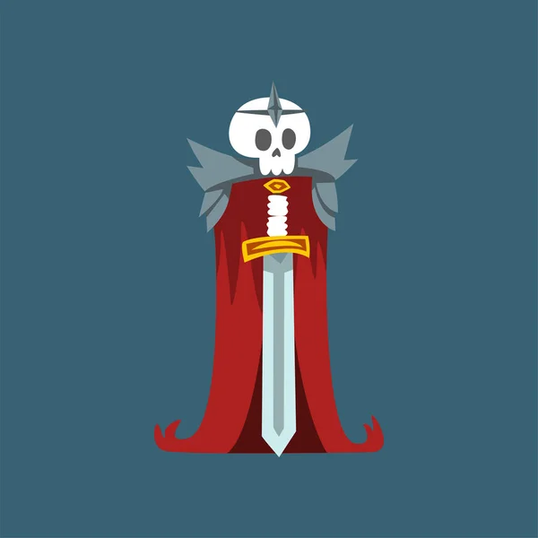 Ludzki szkielet w czerwonym płaszczu i metalowym pałąkiem z mieczem, martwy człowiek kreskówka postać wektor — Wektor stockowy