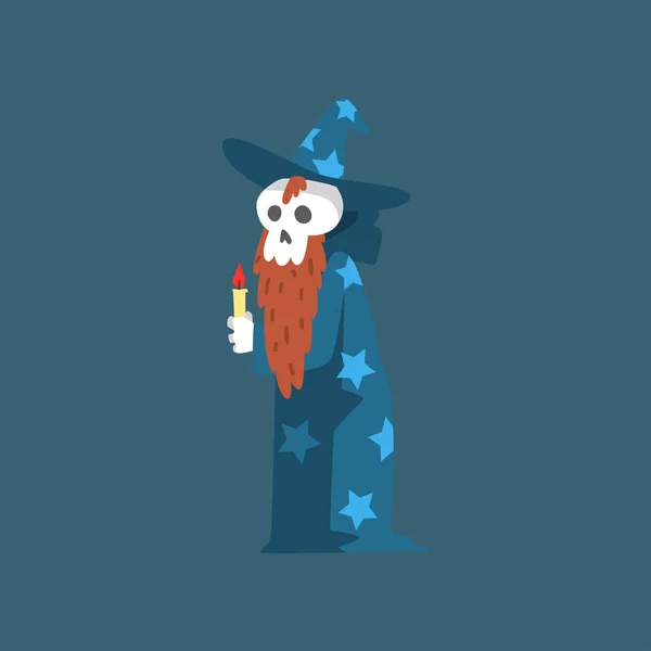 Sakallı Iskelet büyücü, komik ölü adam karikatür karakteri mavi Mantle ile yıldızlar ve sivri şapka vektör Illustration — Stok Vektör