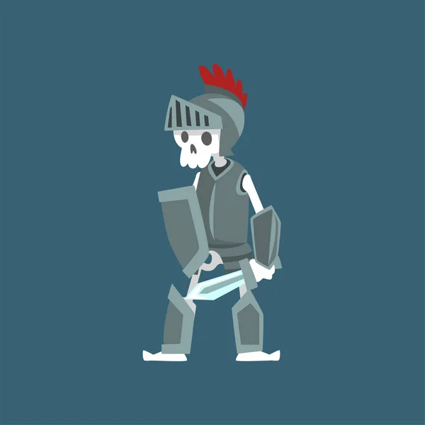 Cavaliere scheletro in armatura e casco, Dead Man Zombie personaggio dei cartoni animati illustrazione vettoriale — Vettoriale Stock