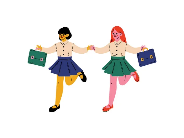 Chicas lindas en uniforme corriendo a la escuela, alumnos de primaria yendo a la escuela con bolsos Vector Ilustración — Archivo Imágenes Vectoriales