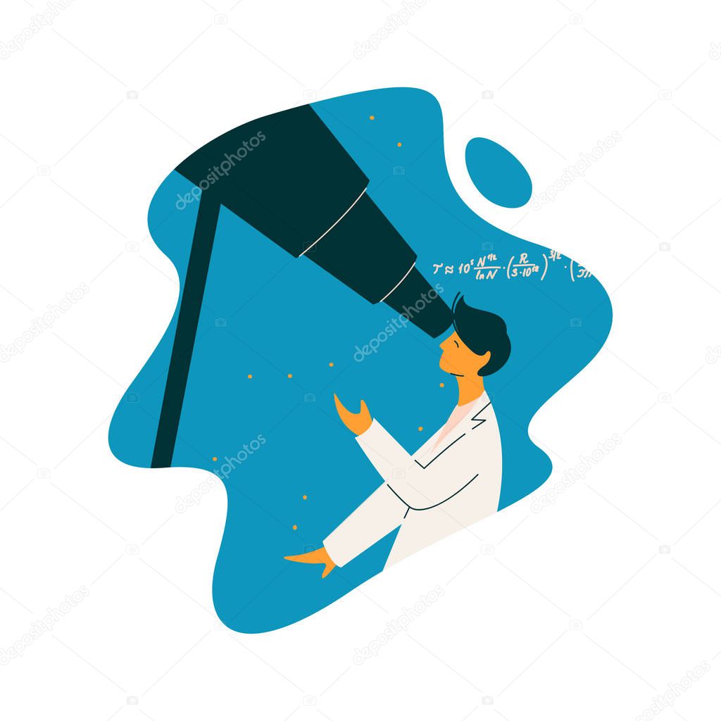 Male Scientist Astronomer Character Wearing White Coat Looking Through Telescope, Scientific Research Concept Vector Illustration