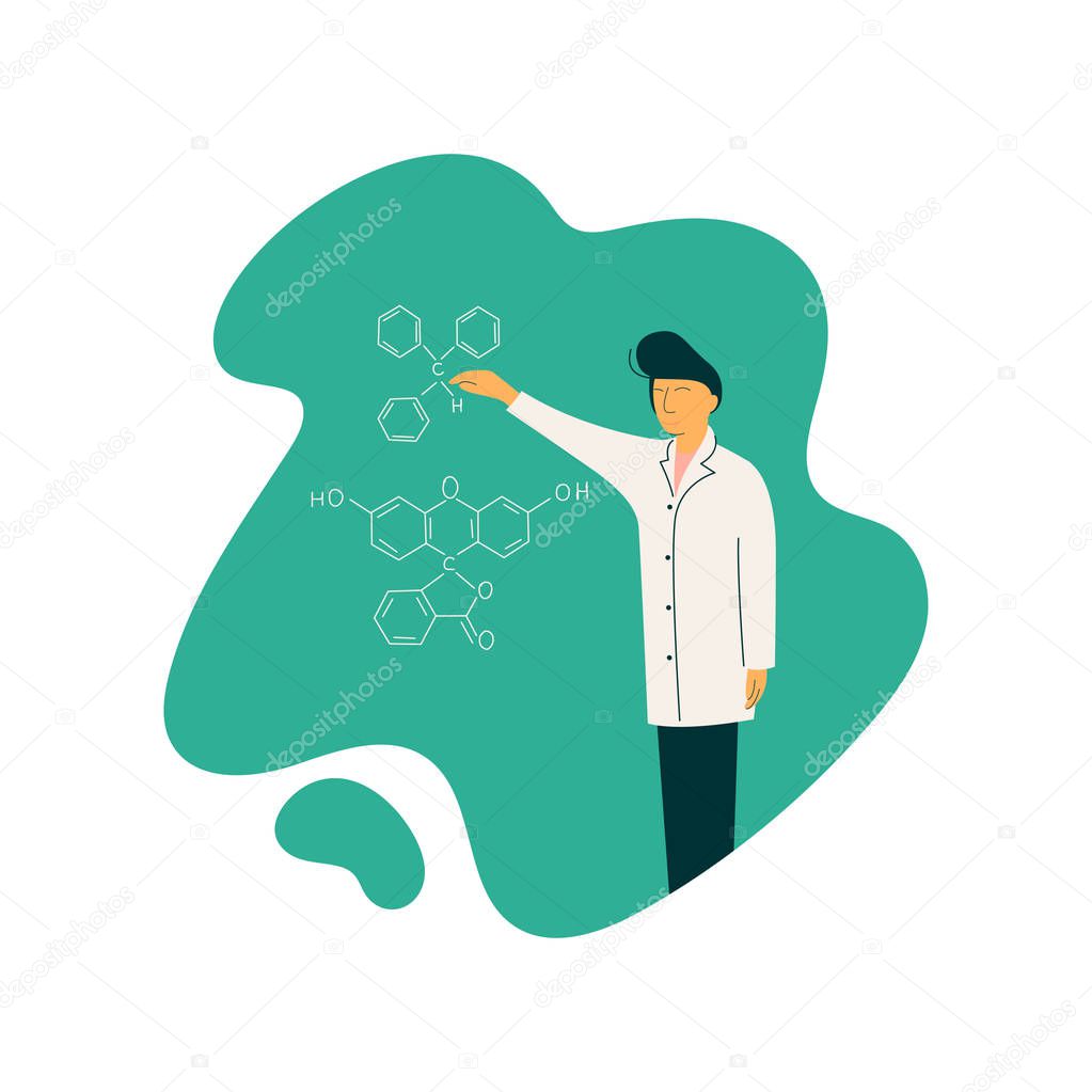 Male Scientist Professor Character Wearing White Coat Standing in Front of Chalkboard with Formulas Giving Lecture, Scientific Research Concept Vector Illustration