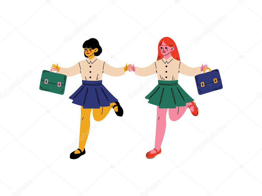 Cute Girls in Uniform Running to School, Elementary School Pupils Going to School with Bags Vector Illustration