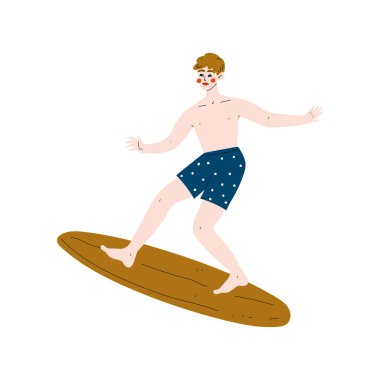 Erkek Surfer sürme sörf tahtası dalgalar, Genç adam zevk yaz tatil, rekreasyon su spor vektör Illüstrasyon