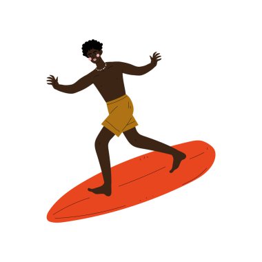 Erkek Surfer Riding sörf tahtası dalgalar, Afrika Amerikan Genç adam zevk yaz tatil, rekreasyon su spor vektör Illüstrasyon