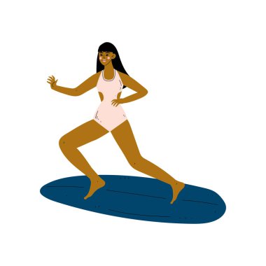 Kız Surfer pembe mayo sürme Surfboard dalgalar, güzel kadın zevk yaz tatil, rekreasyon su spor vektör Illustration