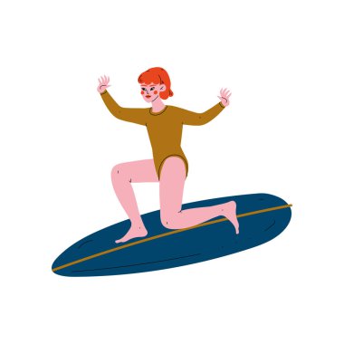 Kız Surfer Binicilik Surfboard, çekici genç kadın zevk yaz tatil, rekreasyon su spor vektör Illüstrasyon