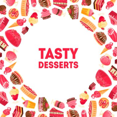 Tatlılar, şekerleme, Candy Shop banner şablon vektör Illustration ile lezzetli tatlılar yuvarlak çerçeve