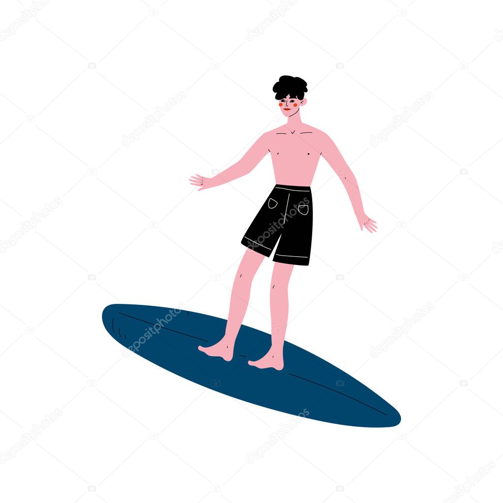 Male Surfer Riding Surfboard, Happy Man Enjoying Summer Vacation on Sea or Ocean, Recreational Water Sport Vector Illustration