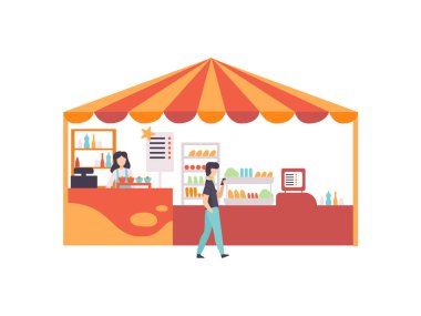 Gıda, tatlılar ve tatlılar ile sokak satıcı Booth, satıcı vektör Illustration ile piyasa gıda Counter