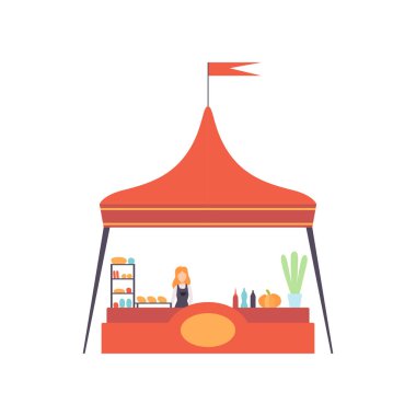 Hızlı gıda ve satıcı ile Street Market Stall, Market gıda Counter Vector Illustration