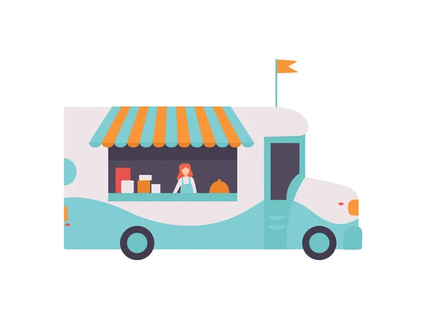 Tienda de furgonetas con comida rápida, bebidas y vendedor, transporte de alimentos callejeros para el mercado callejero Vector Illustration — Vector de stock