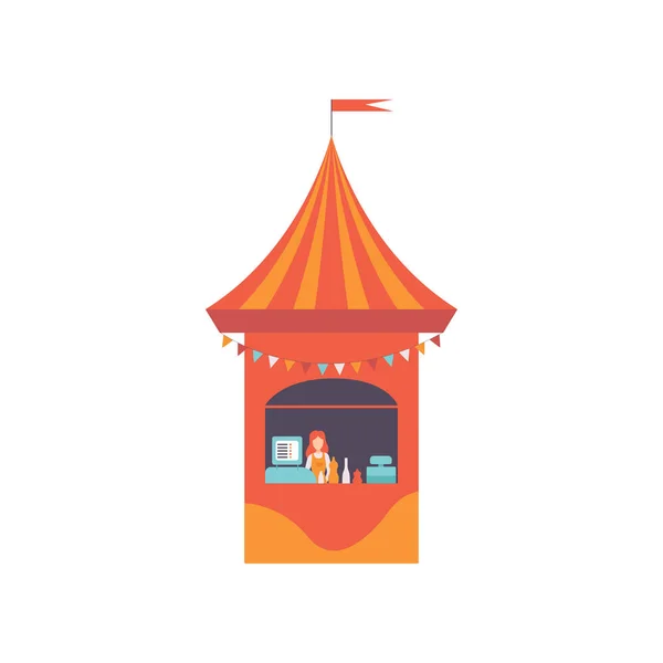 Stand de Vendedor Ambulante con Comida Rápida y Vendedor, Contador de Comida de Mercado, Venta al por menor Kiosco Vector Ilustración — Vector de stock