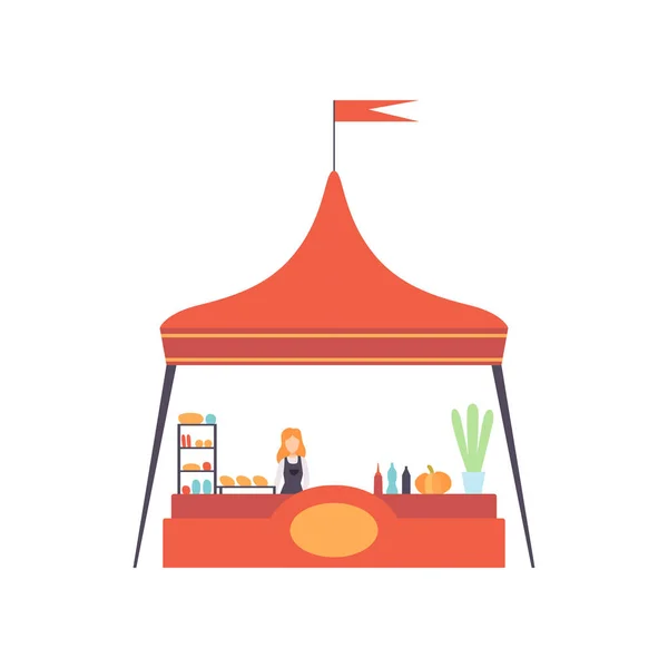 Puesto del mercado callejero con comida rápida y vendedor, mostrador de comida de mercado Vector ilustración — Vector de stock