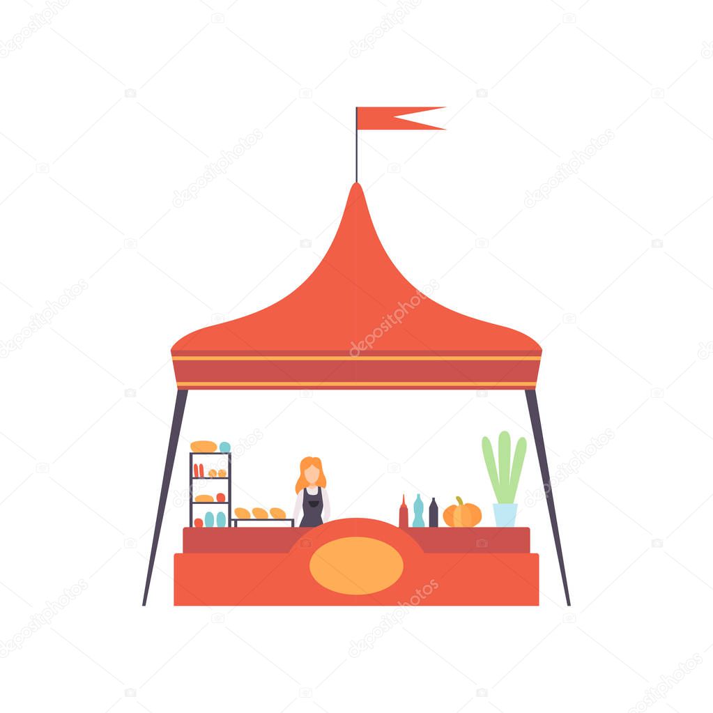 Street Market Stall with Fast Food and Seller, Market Food Counter Vector Illustration