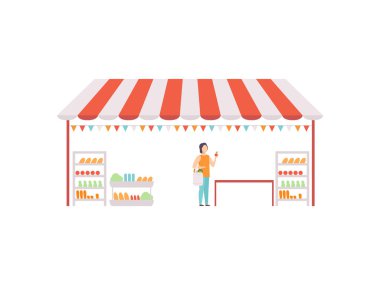 Market gıda sayacı, sokak ticareti perakende Stall Market ürünleri vektör Illustration