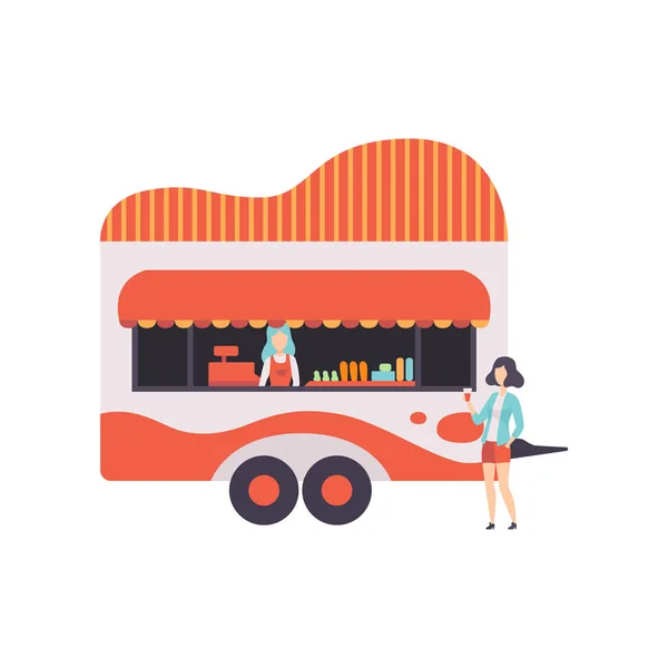 Fast Food Trailer with Seller, Street Food Transport, Mobile Shop Vector Illustration — Stock Vector