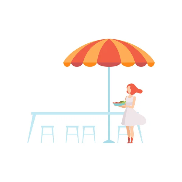 Outdoor Table with Umbrella, Street Cafe with Waitress or Visitor Vector Illustration — Stock Vector