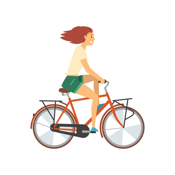 Young Woman Riding Bike, Female Cyclist Character on Bicycle Vector Illustration — Stock Vector